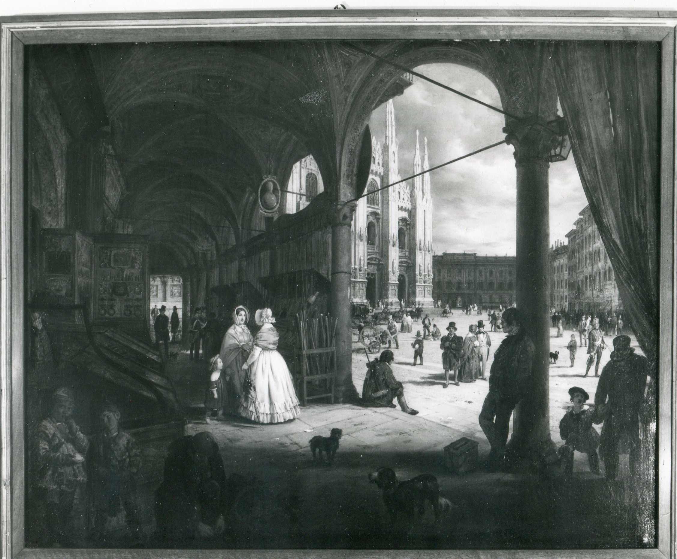 Veduta di piazza del Duomo e il coperto del Figini (dipinto, opera isolata) di Inganni Angelo (sec. XIX)