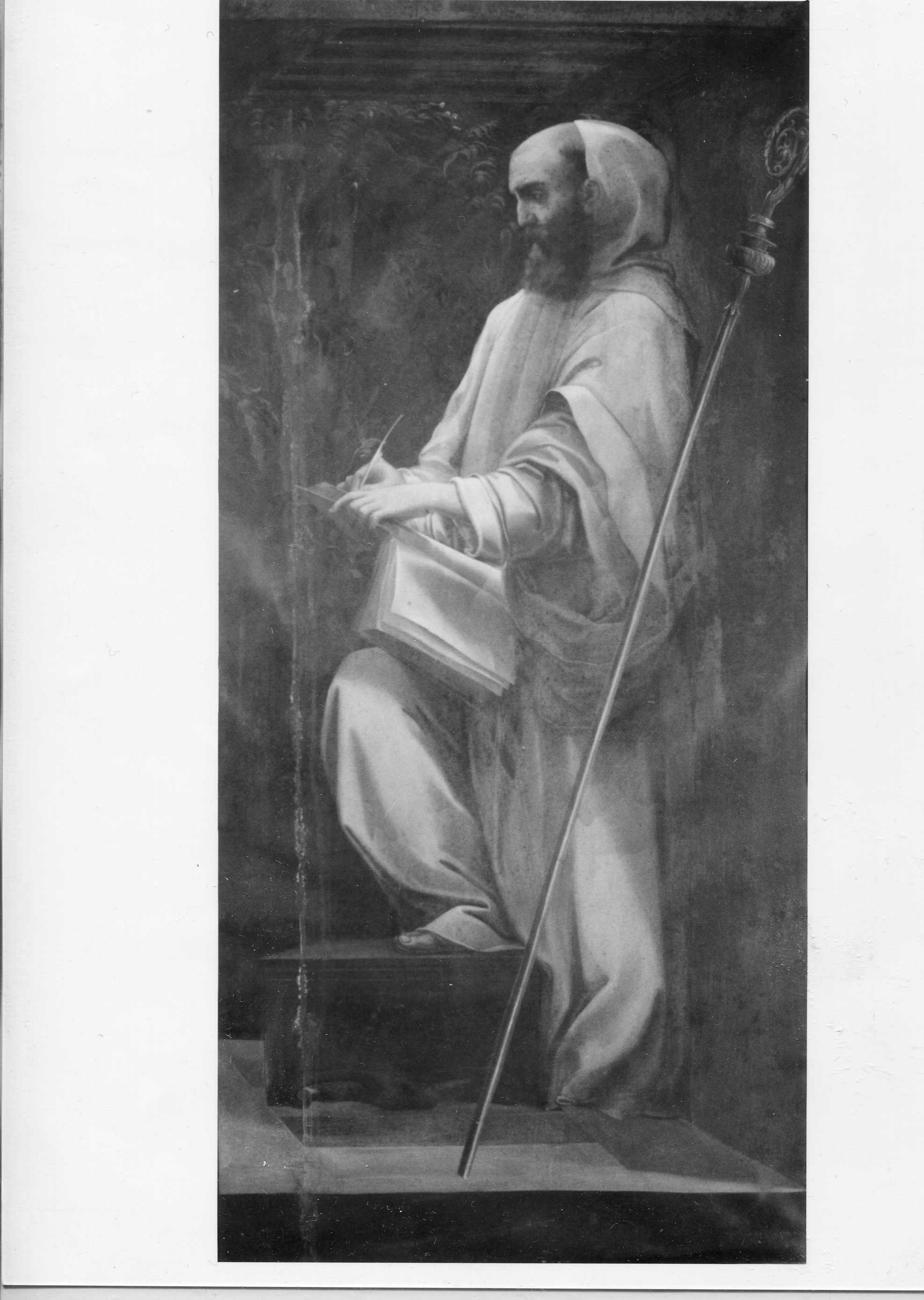 Monaco vescovo che scrive (dipinto, opera isolata) - ambito lombardo (seconda metà sec. XIX)