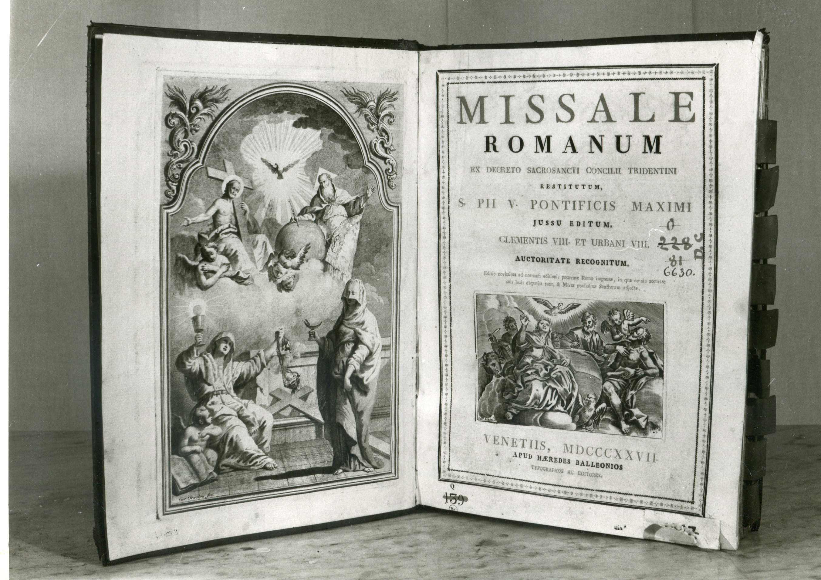 La Trinità con le figure allegoriche della Fede e della Speranza (?) e gli Evangelisti con lo Spirito Santo (frontespizio), sacro (stampa) - manifattura veneta (sec. XIX)