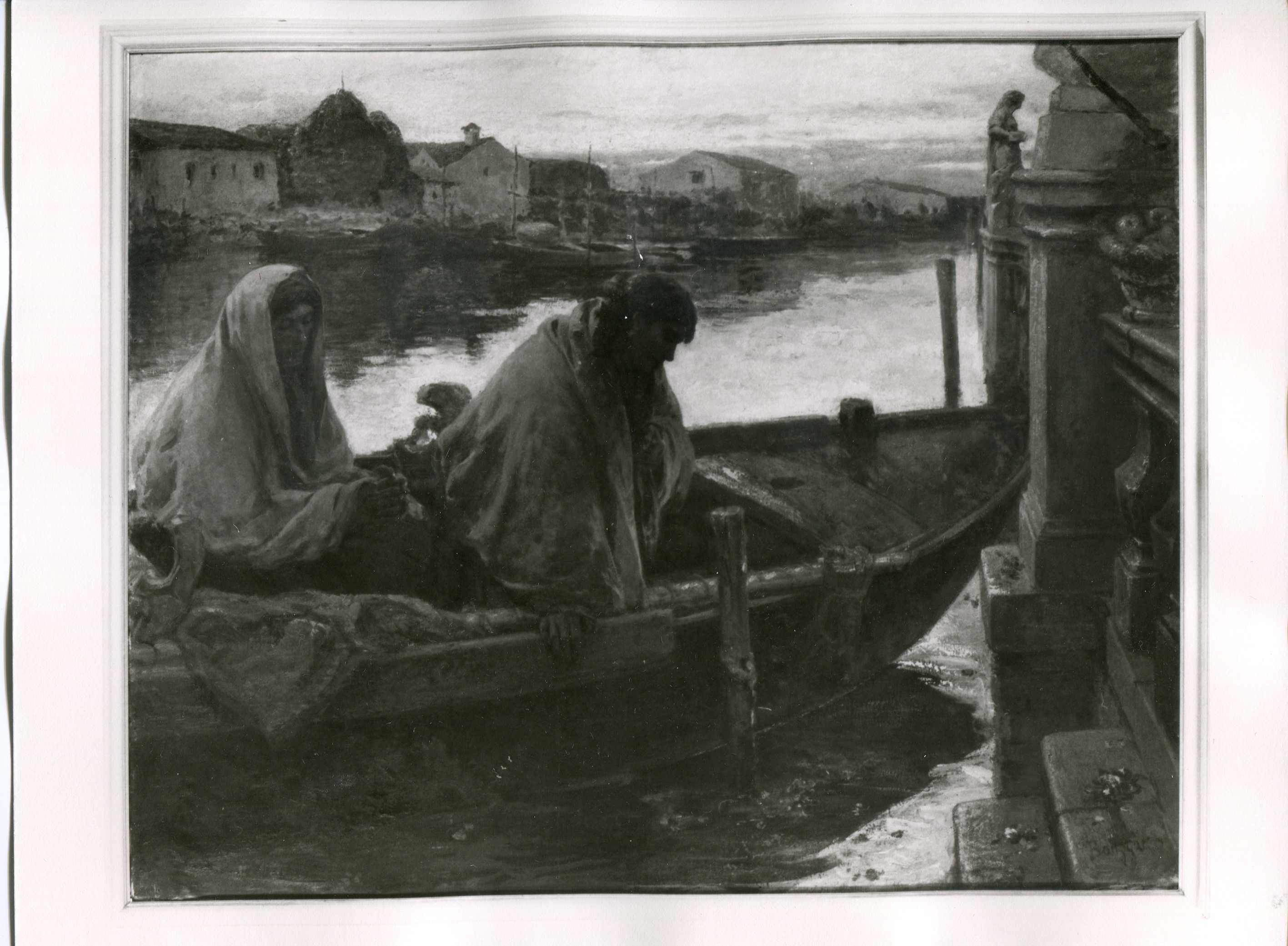 Due donne in barca accanto ad un molo a Chioggia (dipinto, opera isolata) di Bazzaro Leonardo (attribuito) - ambito lombardo (fine/ inizio secc. XIX / XX)