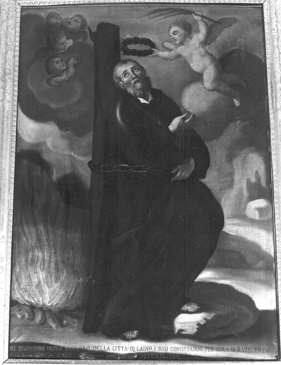 Il beato Pietro Paolo navarro in catene riceve una corona di alloro, beato Pietro Paolo Navarro (dipinto) di De Mita Giuseppe (sec. XIX)