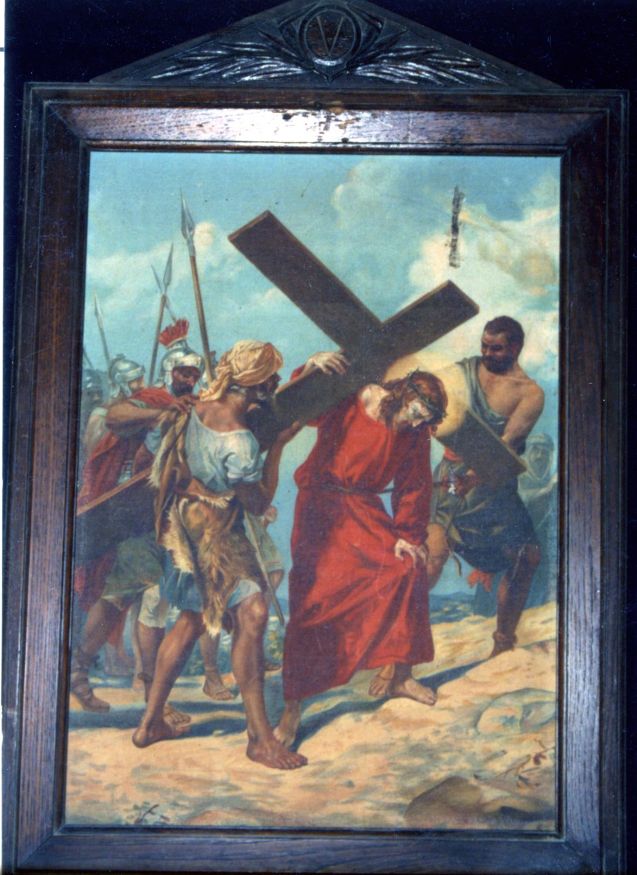 Stazione v: gesù aiutato da simone il cireneo a portare la croce (via crucis, ciclo)