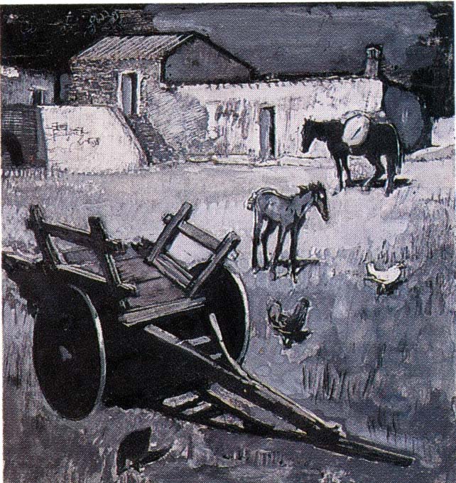 Cortile con carro (dipinto) di Biasi Giuseppe (secondo quarto sec. XX)
