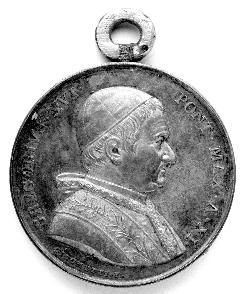 ritratto di profilo di papa Gregorio XVI, lavanda dei piedi (medaglia pontificia) di Girometti Giuseppe, Cerbara Giuseppe (sec. XIX)