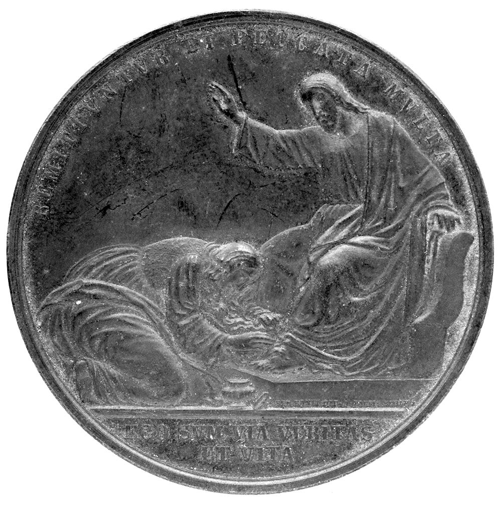 Santa Maria Maddalena unge i piedi di Cristo (medaglia) di Santi Sebastiano, Fabris Antonio (sec. XIX)