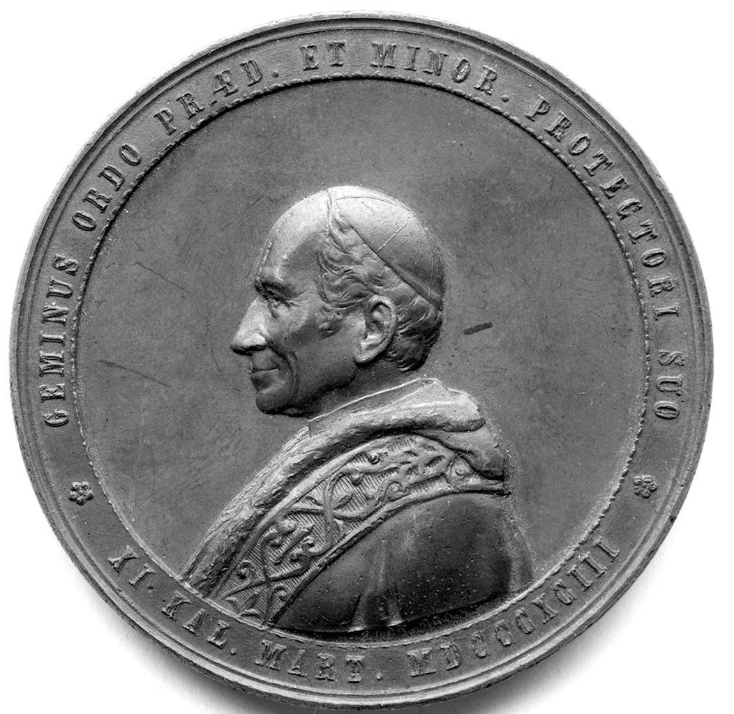 ritratto di papa Leone XIII, incontro di San Francesco d'Assisi e San Domenico (medaglia pontificia) di Giani Giovanni (sec. XIX)