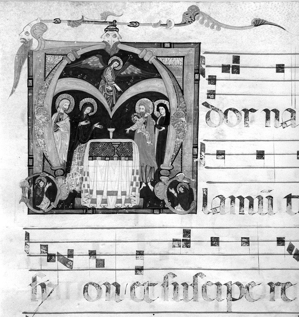 lettera A, presentazione di Gesù al tempio/ Santi domenicani (miniatura) - ambito fiorentino-aretino (sec. XIII)