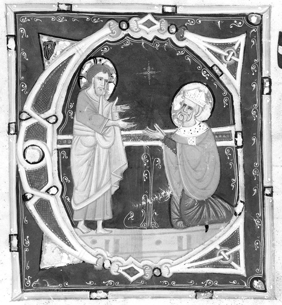 lettera E, Cristo benedice Santo vescovo (miniatura) - ambito fiorentino-aretino (sec. XIII)