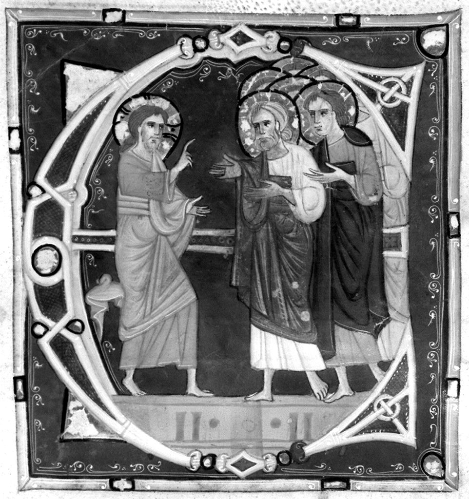 lettera E, Cristo invia gli apostoli a predicare (miniatura) - ambito fiorentino-aretino (sec. XIII)