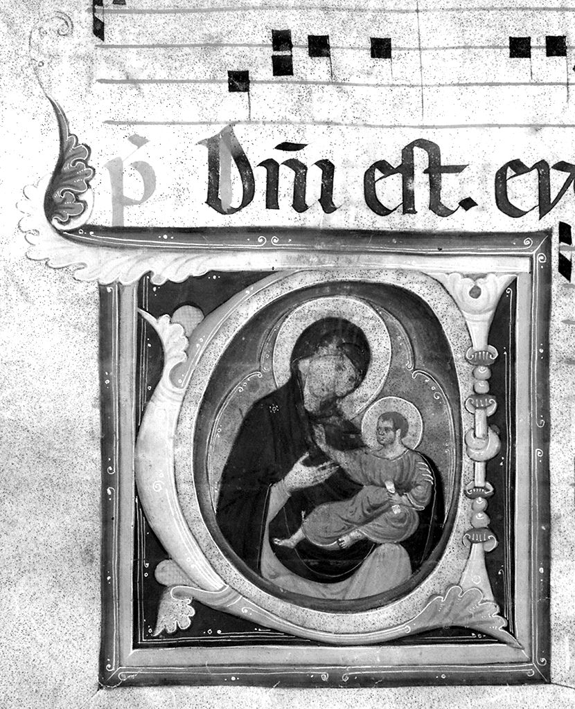 lettera V, Madonna con Bambino (miniatura) - ambito fiorentino-aretino (sec. XIII)