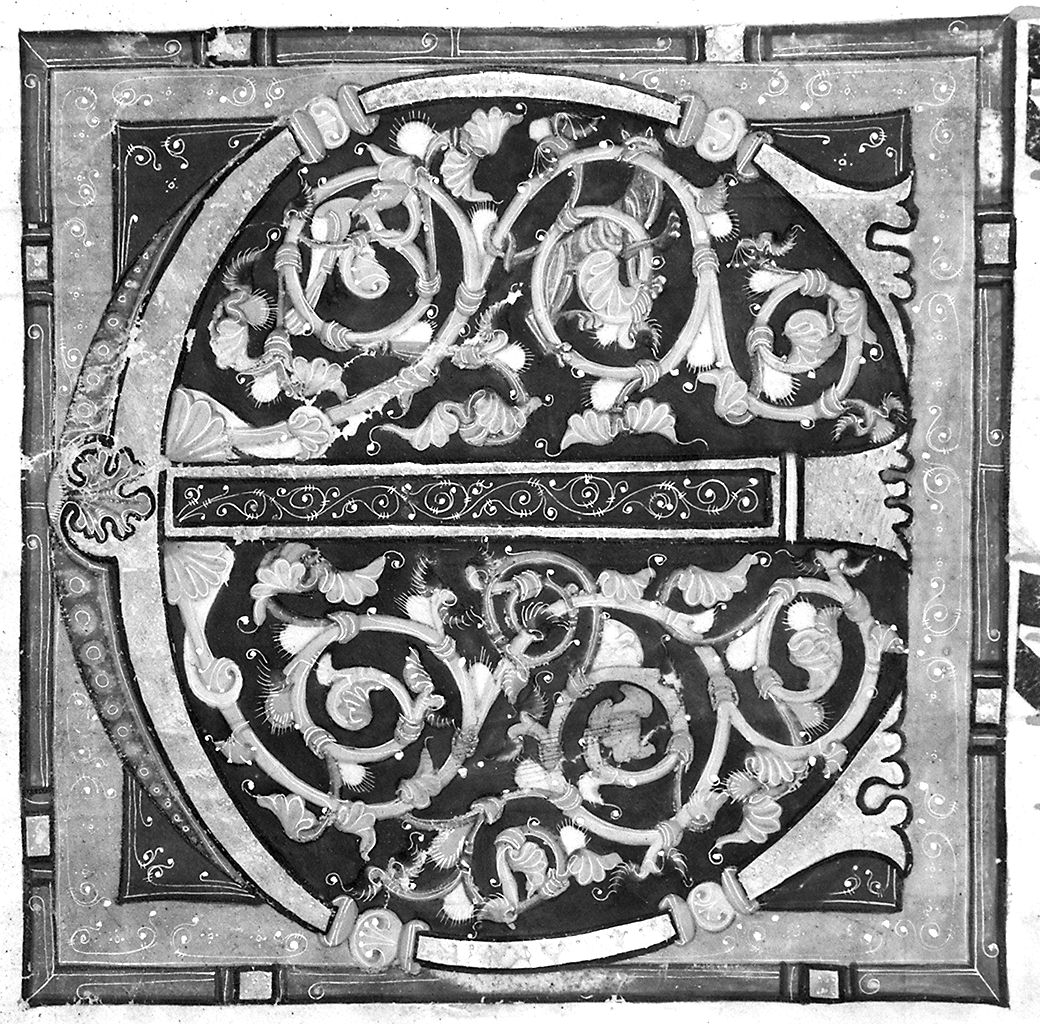 lettera E (miniatura) - ambito fiorentino-aretino (sec. XIII)
