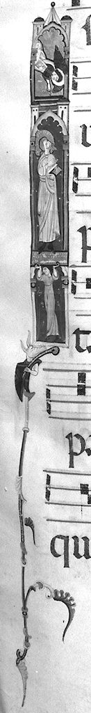 lettera I, angelo/ santo/ figura femminile (miniatura) - ambito fiorentino-aretino (sec. XIII)