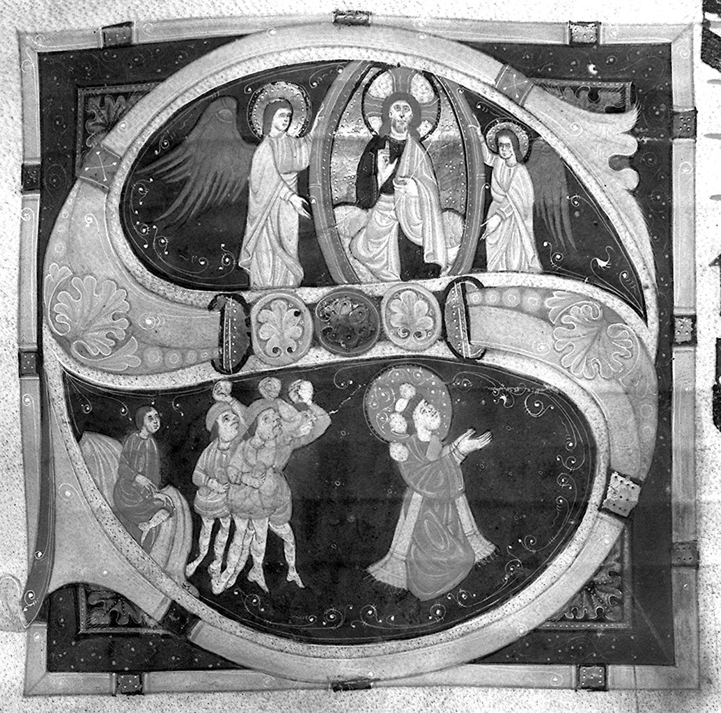 lettera S, Cristo nella mandorla tra due angeli/ lapidazione di Santo Stefano (miniatura) - ambito fiorentino-aretino (sec. XIII)