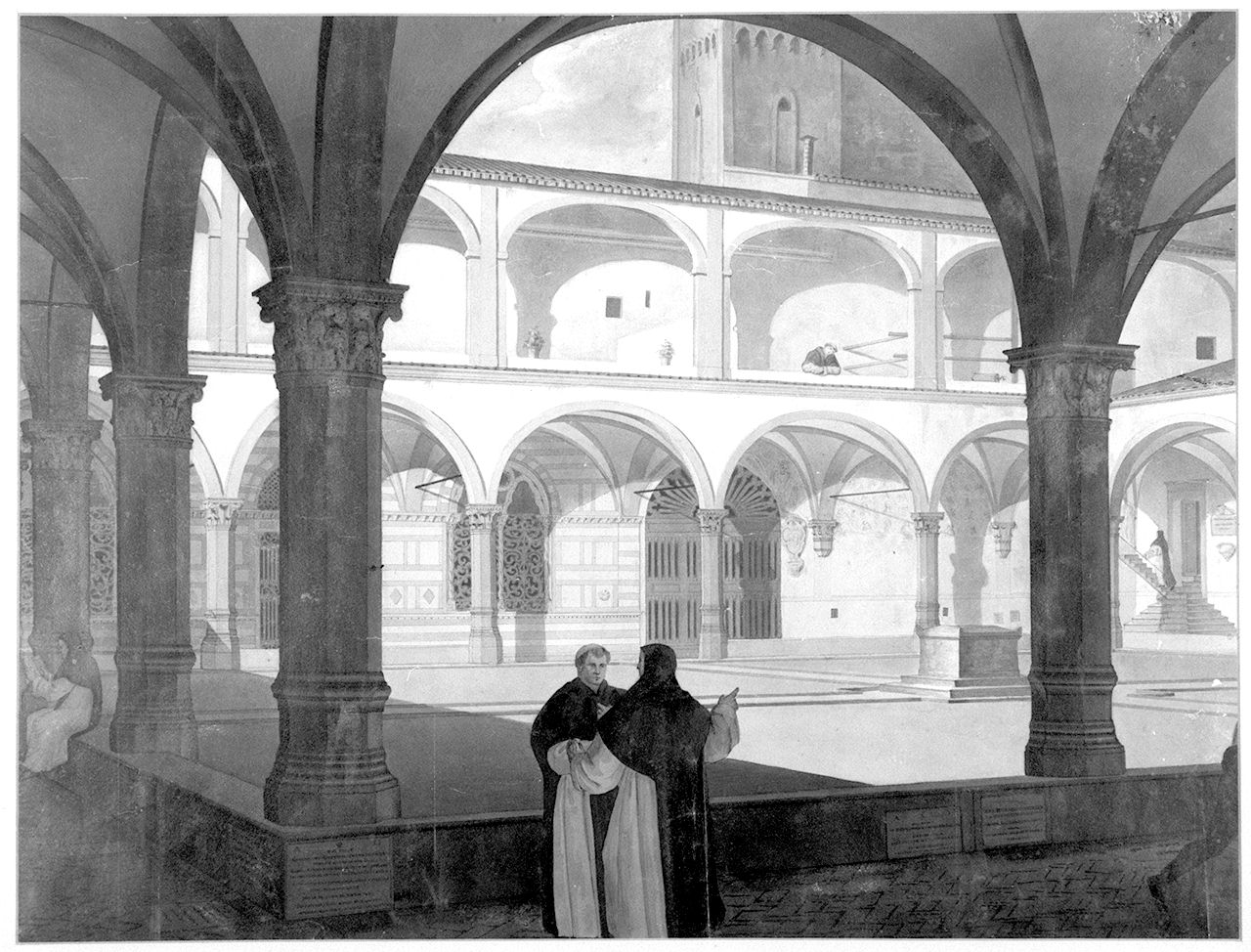 veduta del chiostro verde del convento di S. Maria Novella a Firenze (disegno) - ambito fiorentino (sec. XIX)