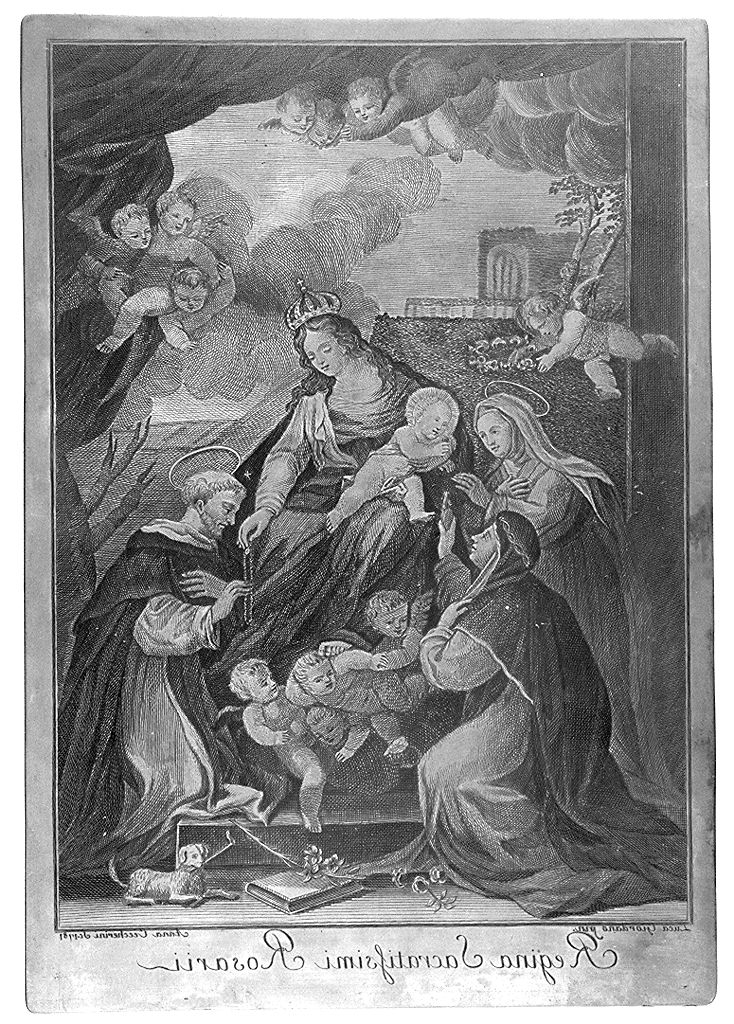 Madonna del Rosario con San Domenico, Santa Caterina e Santa Rosa da Lima (matrice) di Ceccherini Antonio, Giordano Luca (sec. XVIII)