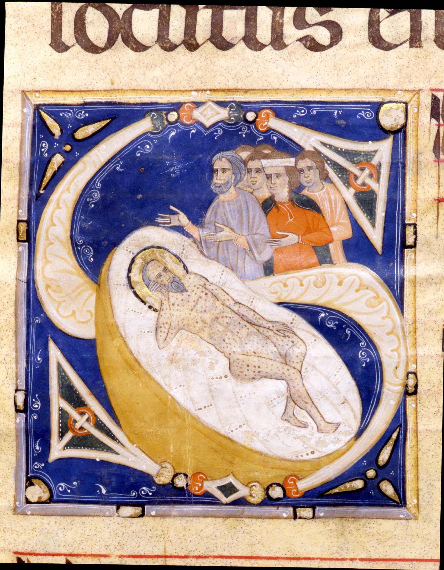 lettera S, Giobbe deriso dalla moglie (miniatura) - ambito fiorentino-aretino (sec. XIII)