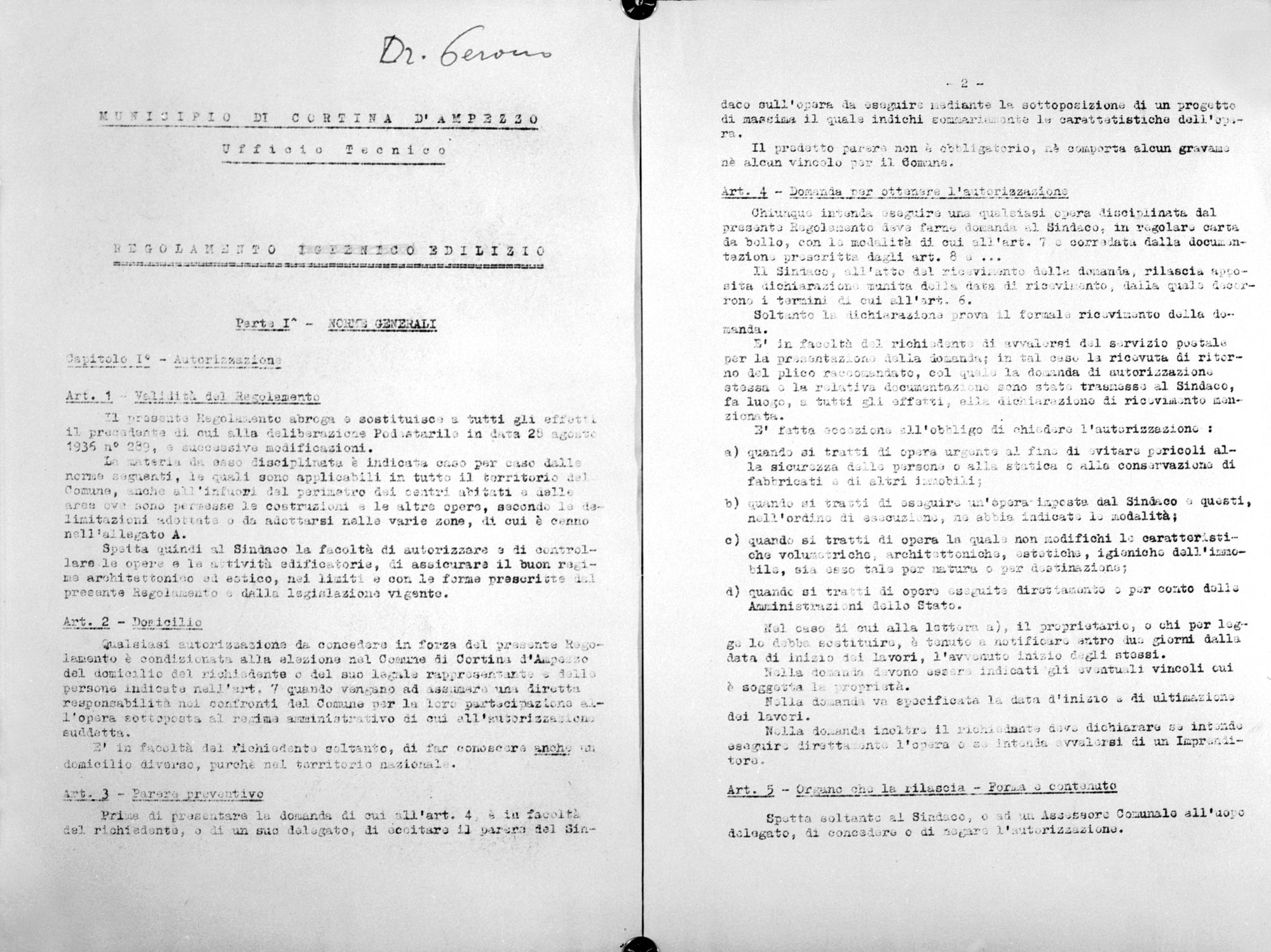 Regolamento igienico edilizio. Pagg. 1-2 (negativo) di Gabinetto fotografico (XX)