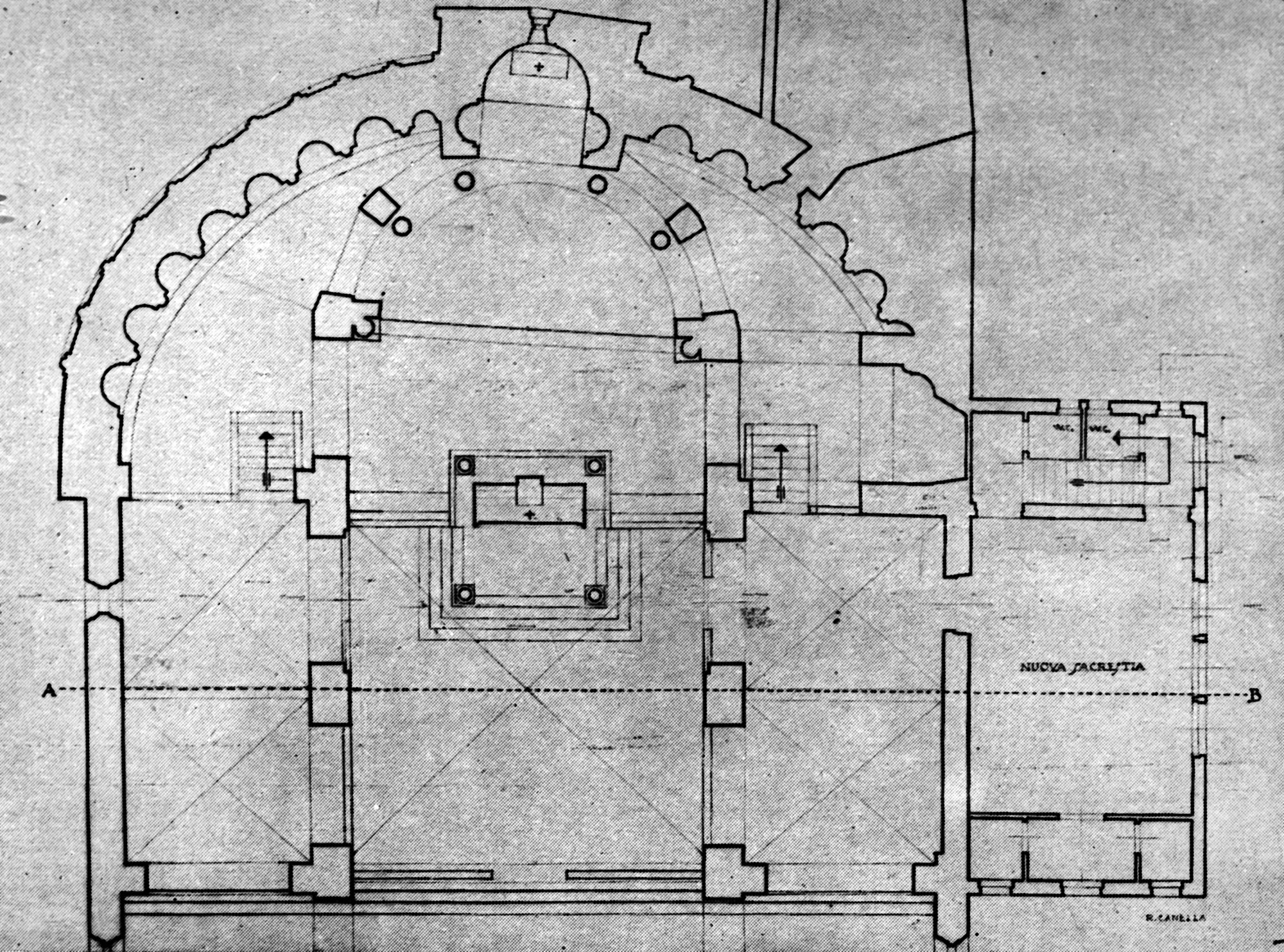 Chiesa Santa Sofia. Idea di ripristino. Pianta dell'ambulacro del coro, del presbiterio e della nuova sacrestia (negativo) di Gabinetto fotografico (XX)