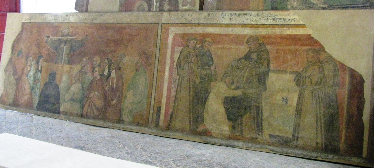 visione di frate Pacifico/ vestizione di frate Pacifico (?) (dipinto murale staccato) di Nelli Pietro (attribuito) (sec. XIV)