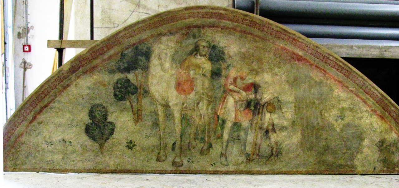 San Francesco abbraccia un lebbroso (lunetta) di Nelli Pietro (attribuito) (sec. XIV)