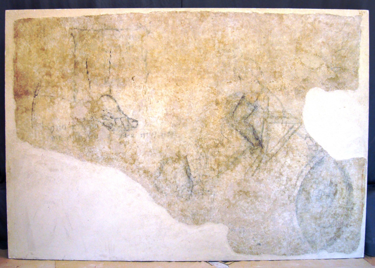 parti anatomiche maschili/ carro (?) (disegno murale) - ambito fiorentino (sec. XV)