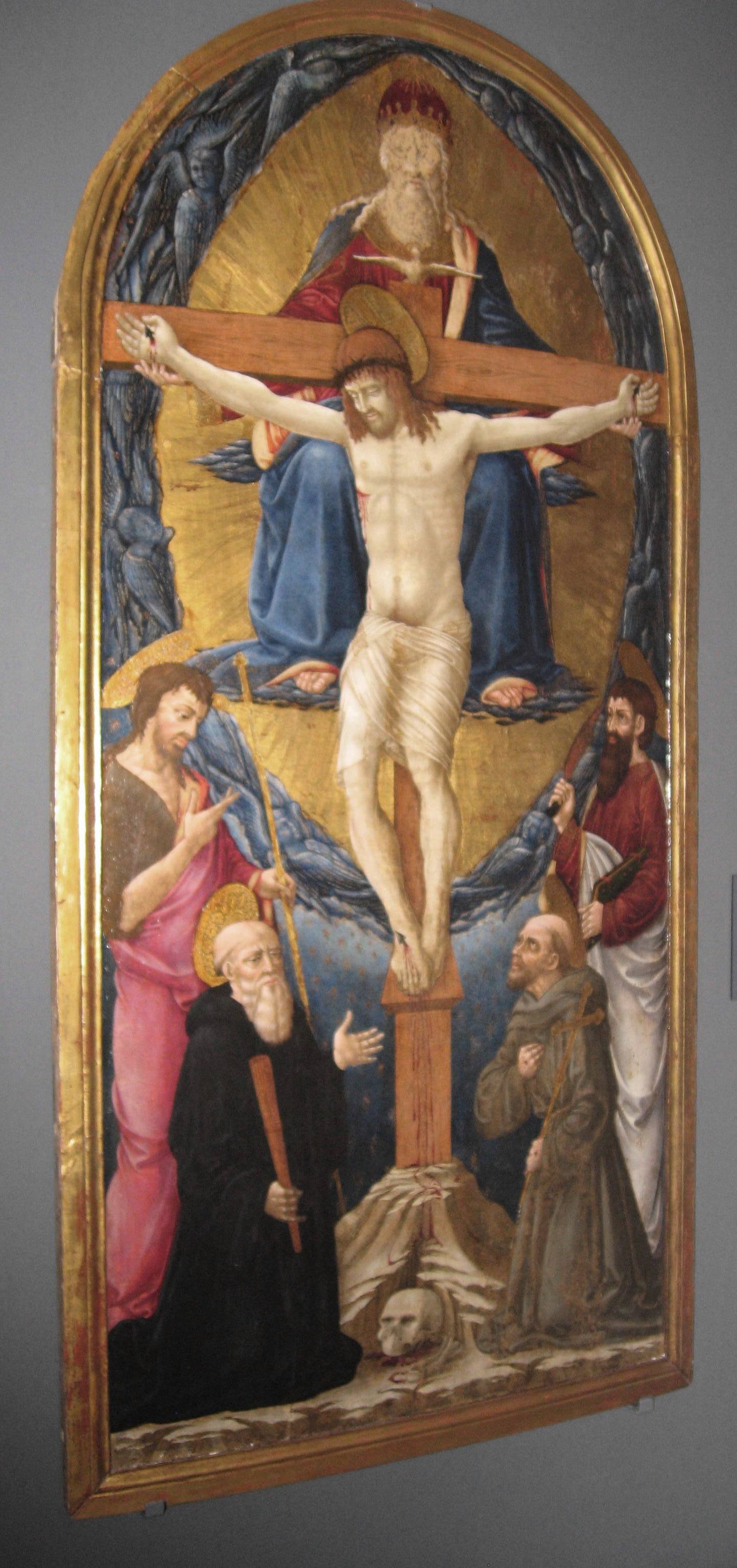 Trinità con San Benedetto, San Francesco, San Bartolomeo e San Giovanni Battista (dipinto) di Neri di Bicci (sec. XV)