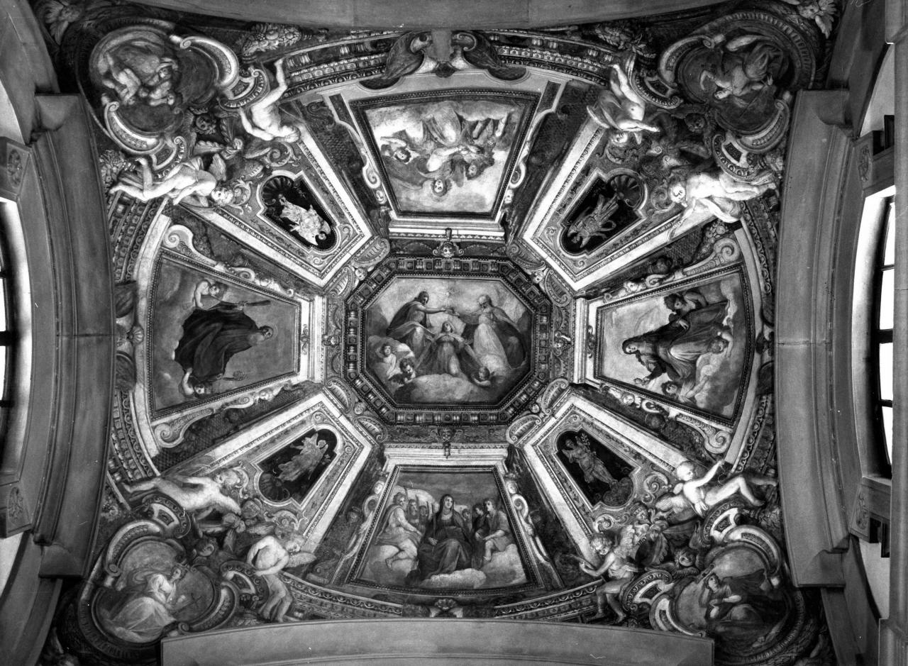 incoronazione di Maria Vergine, Santi, Virtù (dipinto) di Cinganelli Michelangelo (sec. XVII)