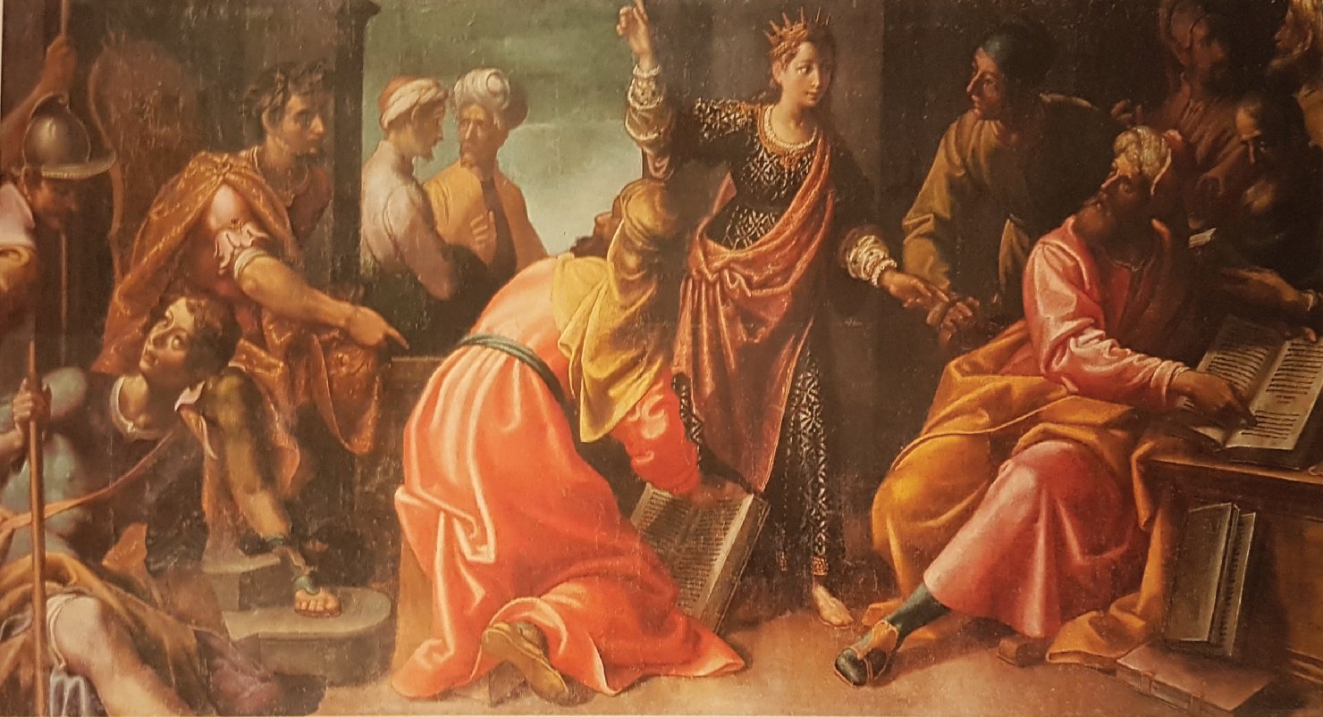 Santa Caterina davanti al tiranno (dipinto) di Lomi Aurelio (sec. XVII)
