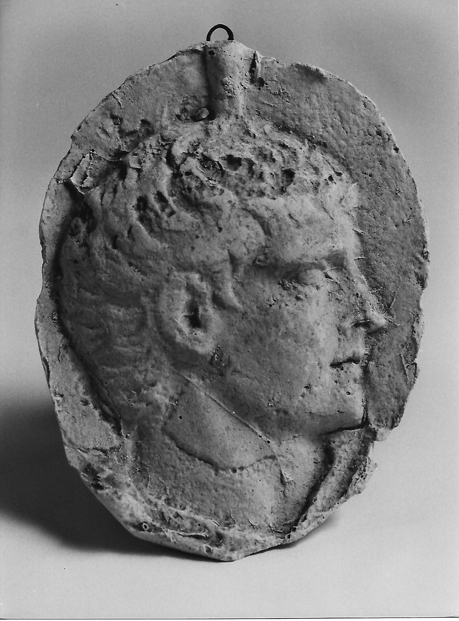 volto maschile (calco, elemento d'insieme) - Bottega tereglina (sec. XIX)