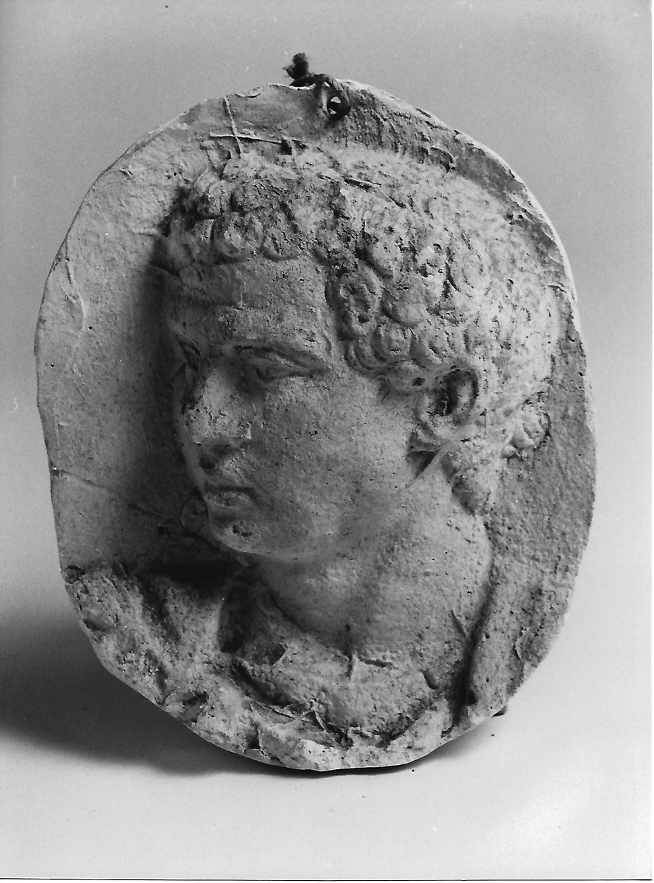 volto maschile (calco, elemento d'insieme) - Bottega tereglina (sec. XIX)