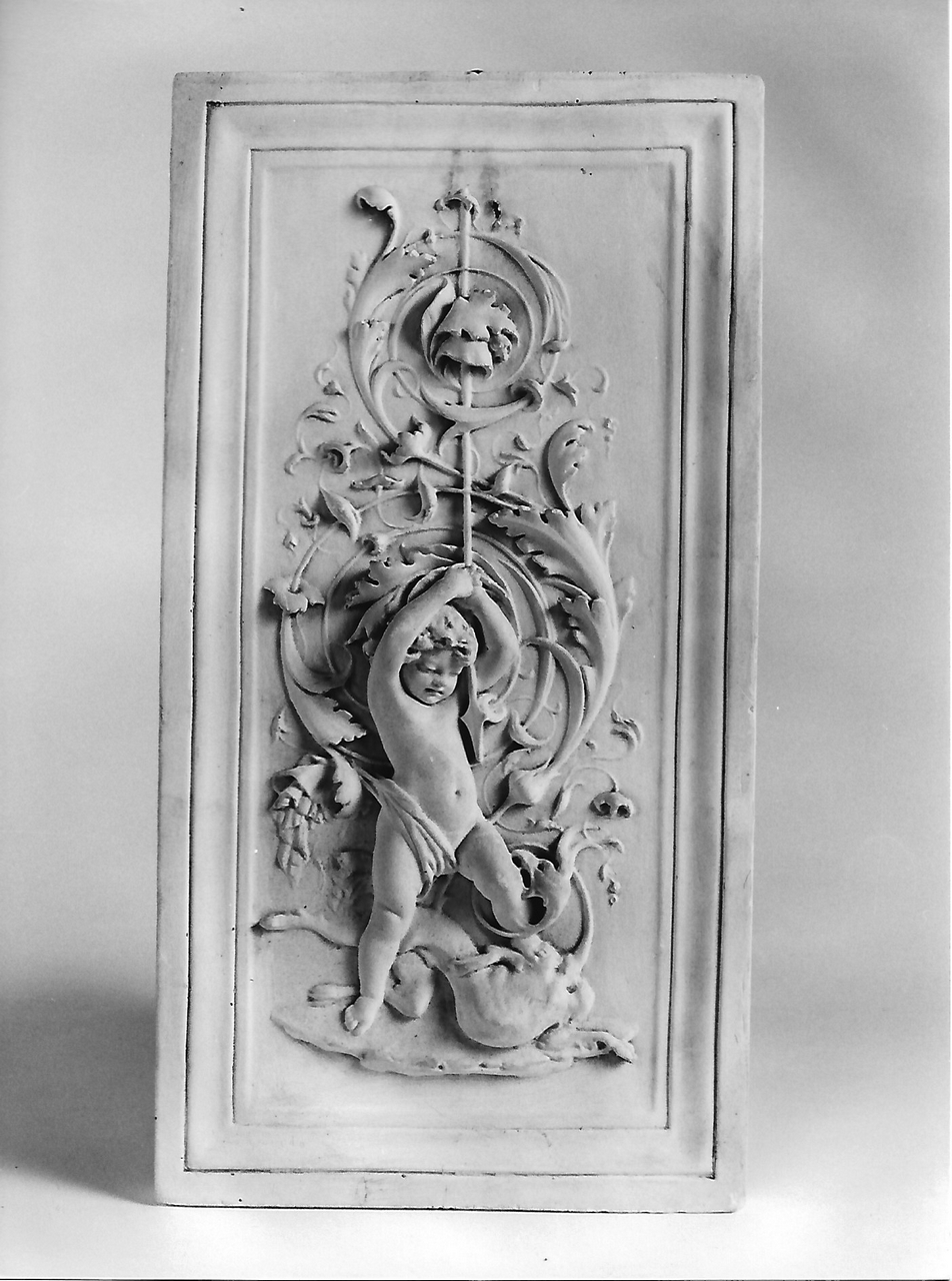 motivi decorativi vegetali con putto e animali fantastici (calco, opera isolata) - produzione coreglina (fine sec. XIX)