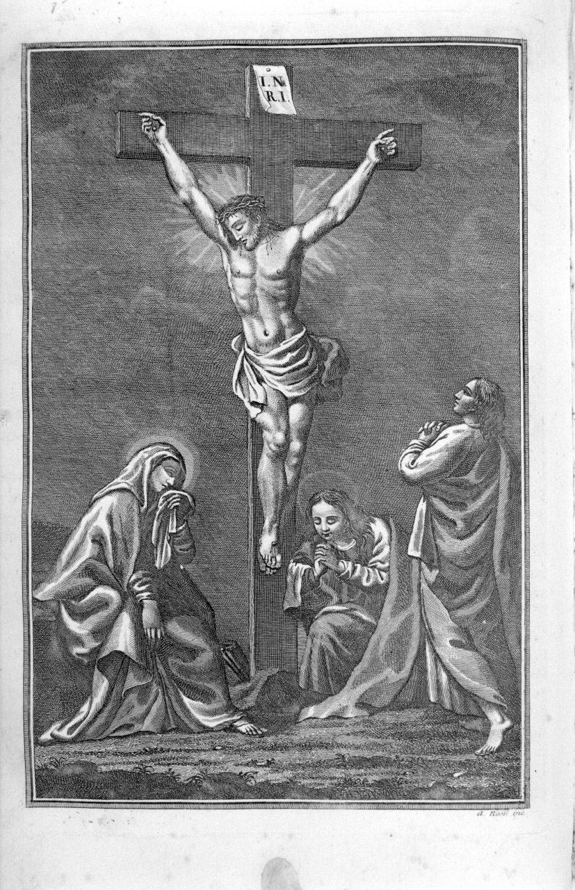 Cristo crocifisso tra la Madonna, San Giovanni evangelista e santa Maria Maddalena (stampa) di Nani Antonio (XIX)