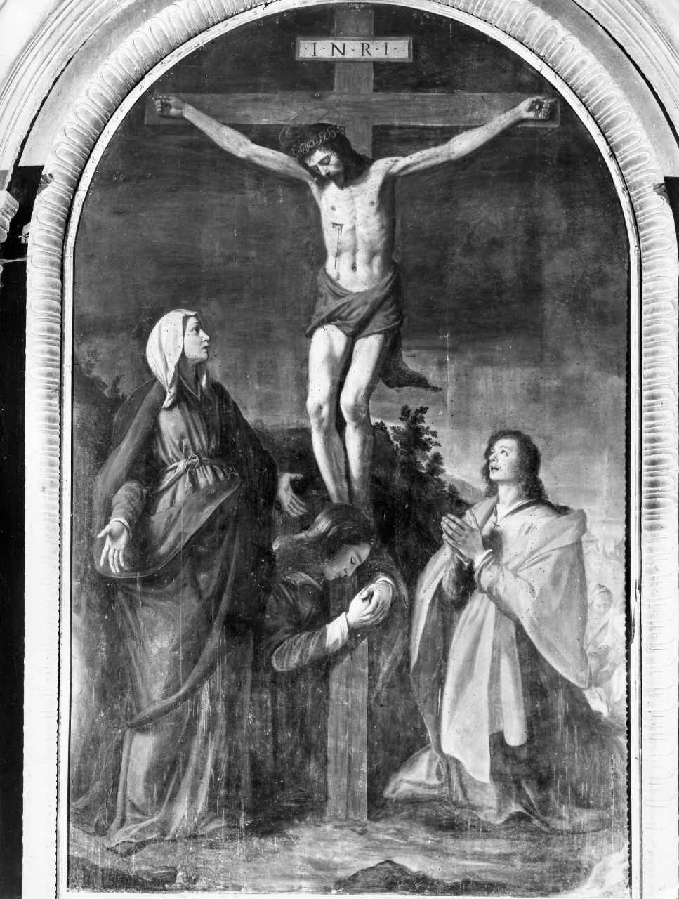 Cristo crocifisso con la Madonna, San Giovanni Evangelista e Santa Maria Maddalena (dipinto) di Santi di Tito (sec. XVI)