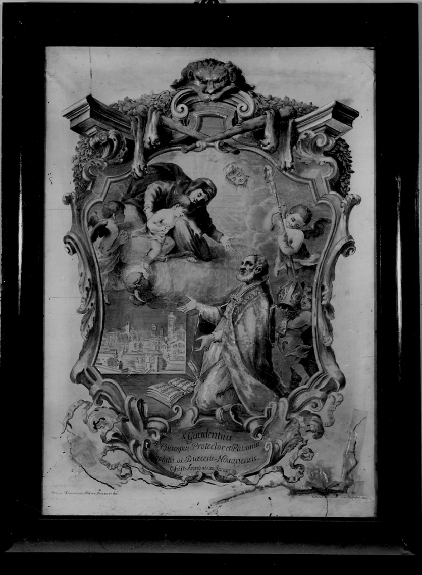 San Gaudenzio prega la Madonna per la città di Novara (stampa colorata a mano) di Prina Pietro Francesco, Bianchi Gaetano (primo quarto sec. XVIII)