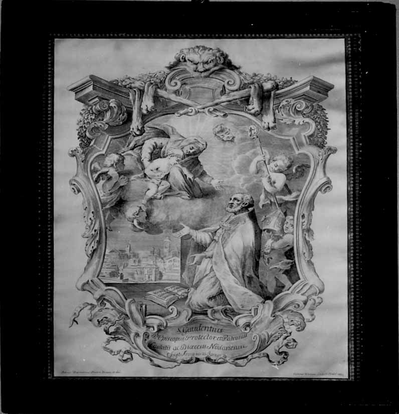 San Gaudenzio prega la Madonna per la città di Novara (stampa) di Prina Pietro Francesco, Bianchi Gaetano (primo quarto sec. XVIII)