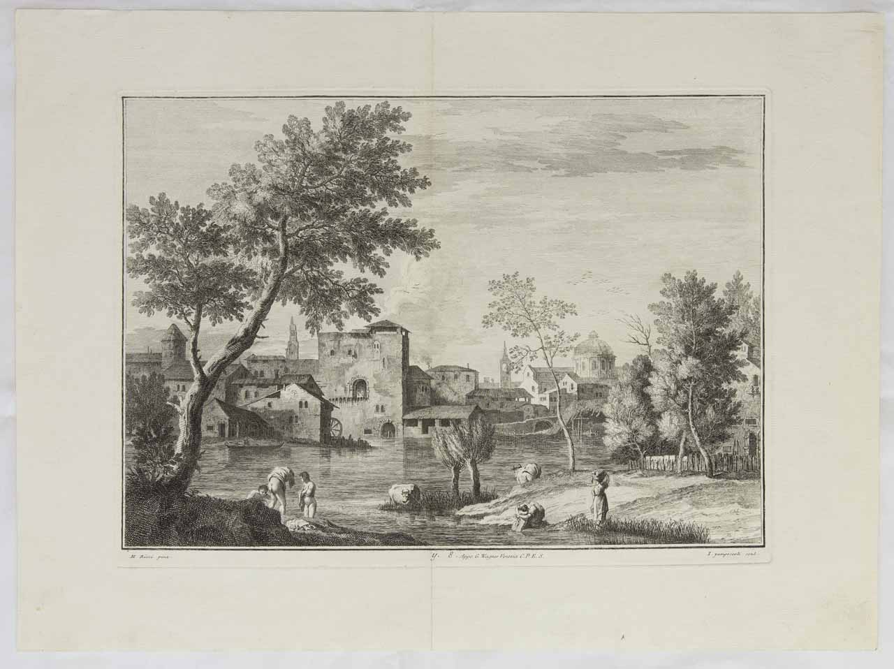 paesaggio con cittadina e figure al fiume (stampa, serie) di Giampiccoli Giuliano - ambito veneto (metà XVIII)