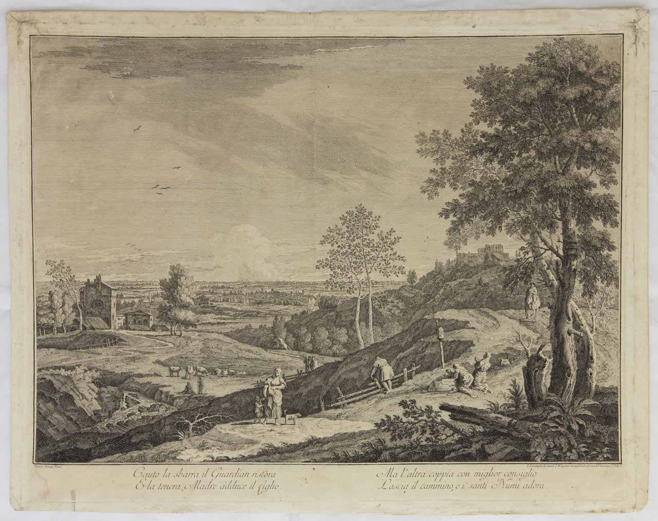 paesaggio con figure lungo un sentiero (stampa) di Giampiccoli Giuliano, Ricci Marco - ambito veneto (XVIII)