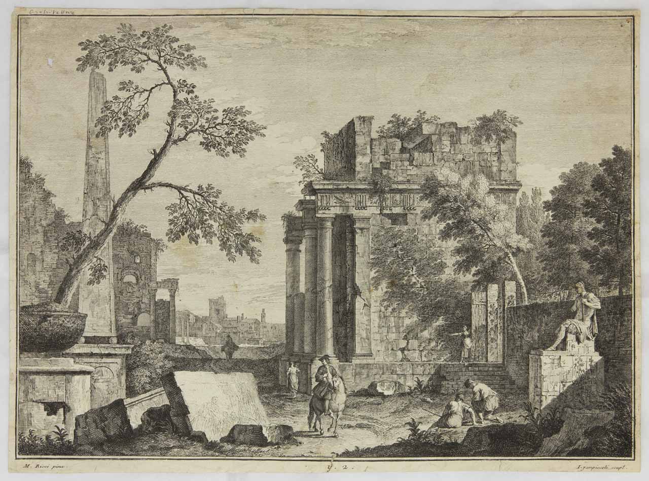 capriccio con rovine classiche e obelisco (stampa, serie) di Giampiccoli Giuliano, Ricci Marco - ambito veneto (metà XVIII)