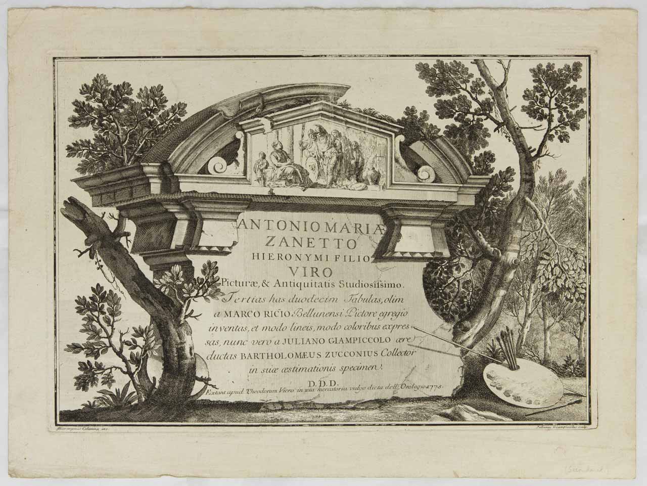 Frontespizio con epigrafe dedicatoria (stampa, serie) di Giampiccoli Giuliano, Tiepolo Giambattista, Mengozzi Girolamo - ambito veneto (XVIII)