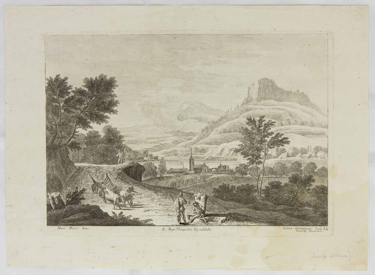 Paesaggio con viandanti in riposo e carro (stampa, serie) di Giampiccoli Giuliano, Tiepolo Giambattista, Ricci Marco - ambito veneto (secondo quarto XVIII)