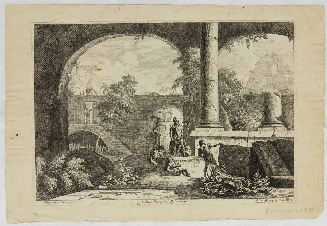 Rovine con due arcate e statua di guerriero (stampa, serie) di Giampiccoli Giuliano, Tiepolo Giambattista, Ricci Marco - ambito veneto (secondo quarto XVIII)