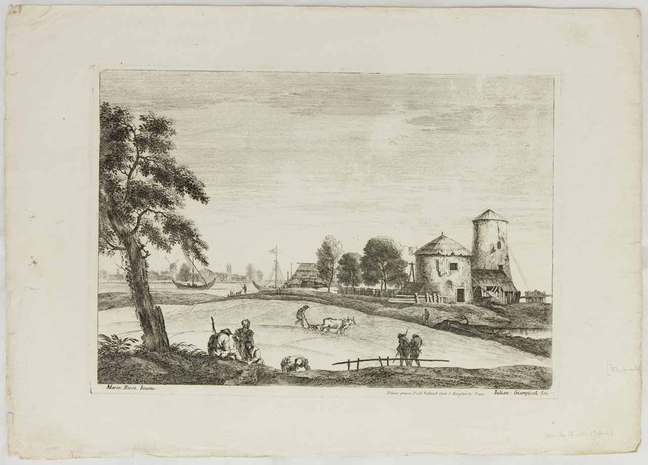 Paesaggio con contadini all'aratro (stampa, serie) di Giampiccoli Giuliano, Tiepolo Giambattista, Ricci Marco - ambito veneto (secondo quarto XVIII)