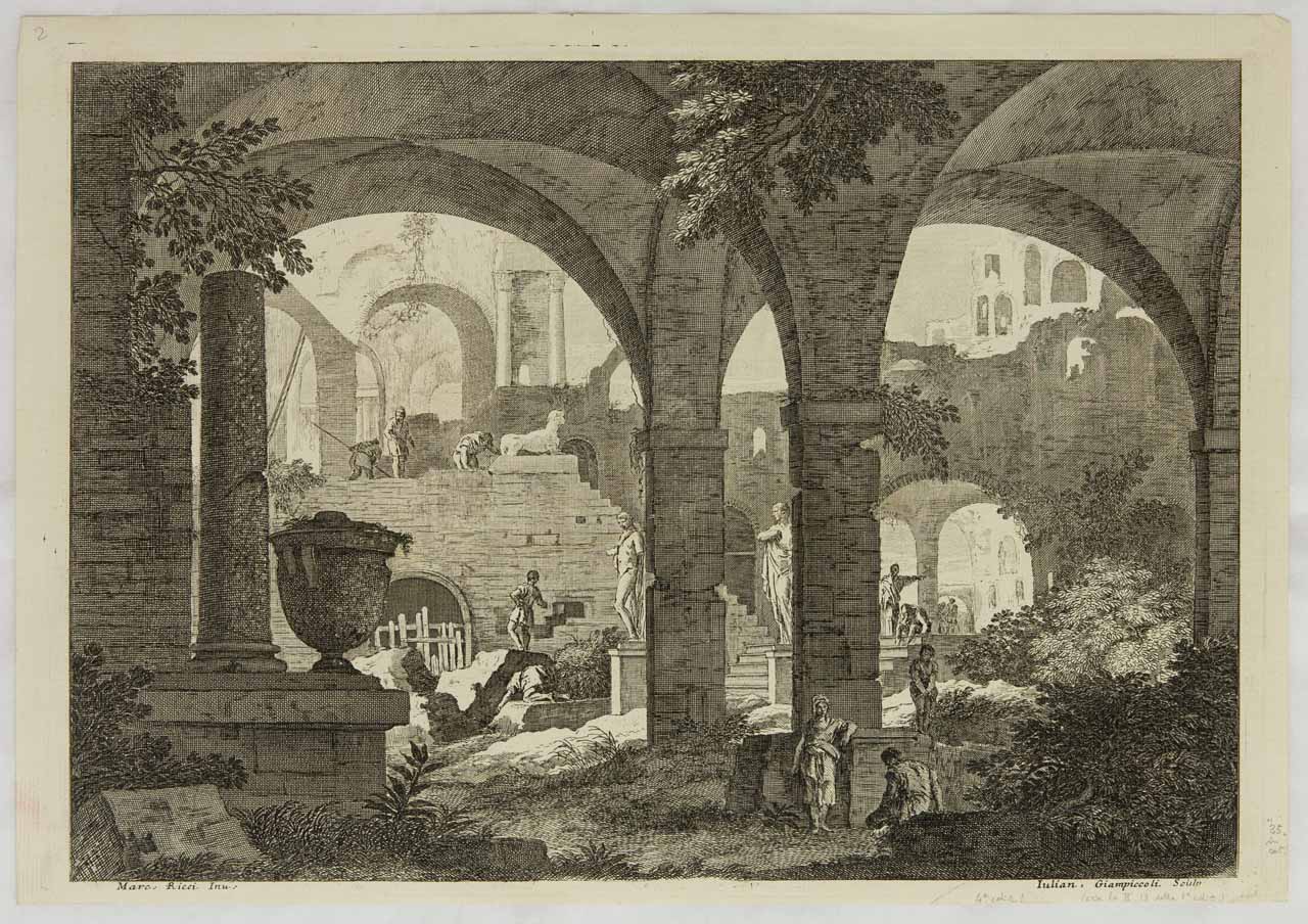 Rovine con grandi arcate e figure (stampa, serie) di Giampiccoli Giuliano, Tiepolo Giambattista, Ricci Marco - ambito veneto (secondo quarto XVIII)