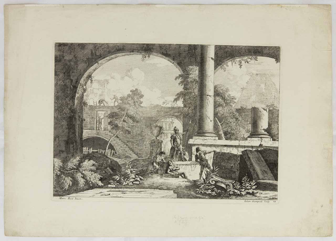 Rovine con due arcate e statua di guerriero (stampa, serie) di Giampiccoli Giuliano, Tiepolo Giambattista, Ricci Marco - ambito veneto (secondo quarto XVIII)