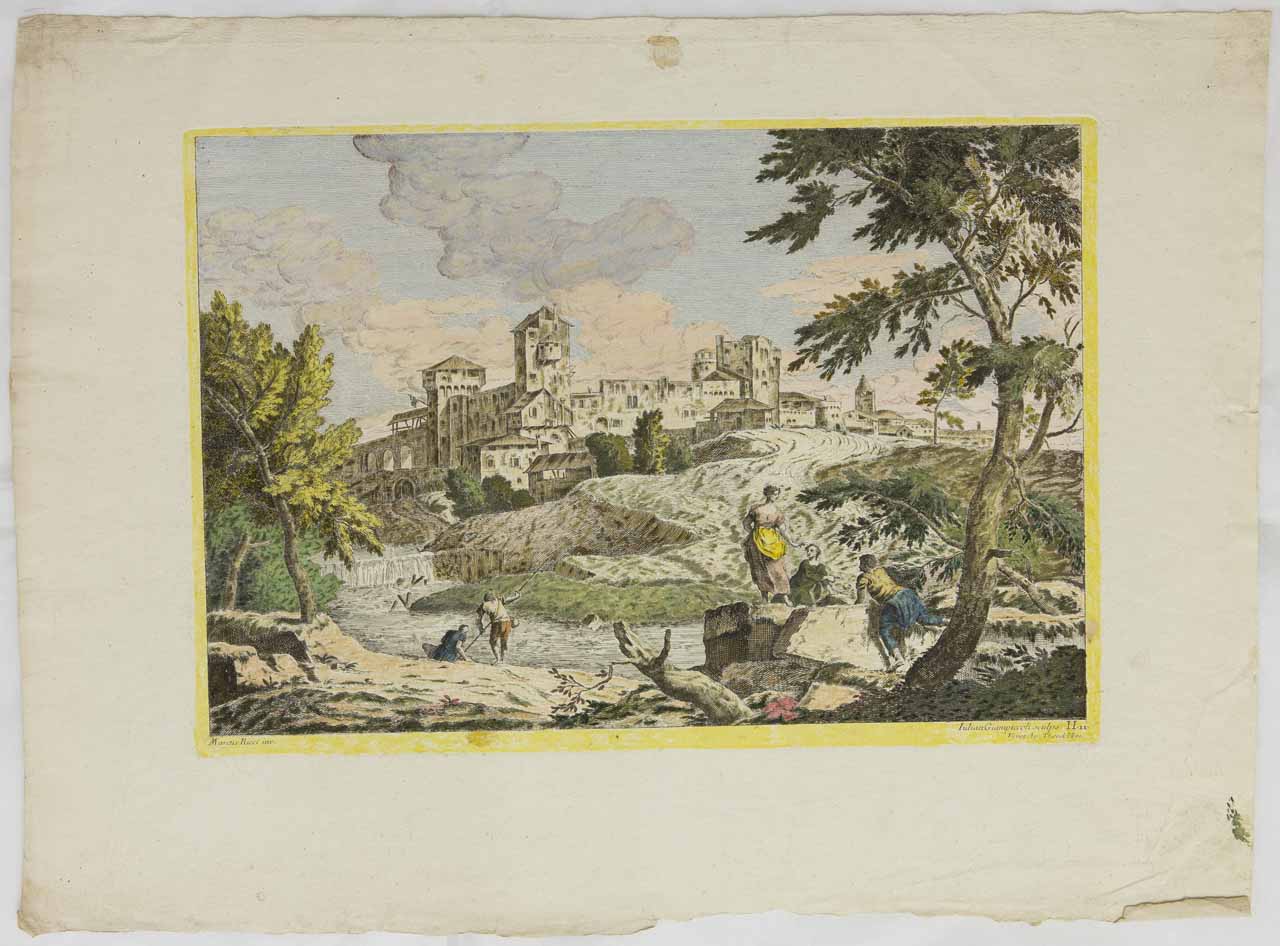 Paesaggio fluviale con borgo (stampa, serie) di Giampiccoli Giuliano, Ricci Marco - ambito veneto (secondo quarto XVIII)