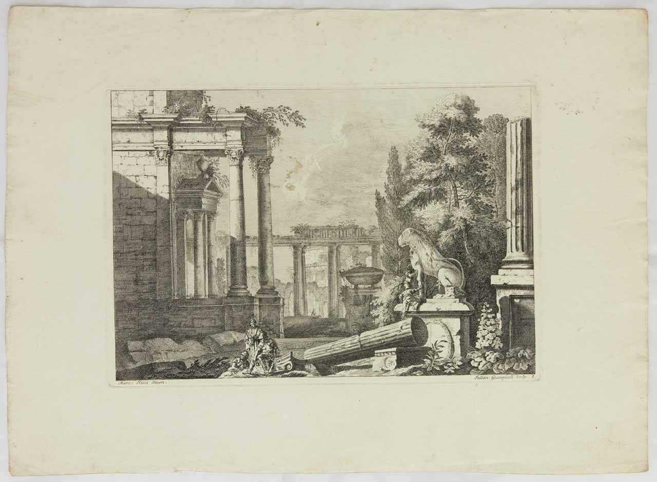 Rovine con statua leonina (stampa, serie) di Giampiccoli Giuliano, Tiepolo Giambattista, Ricci Marco - ambito veneto (secondo quarto XVIII)
