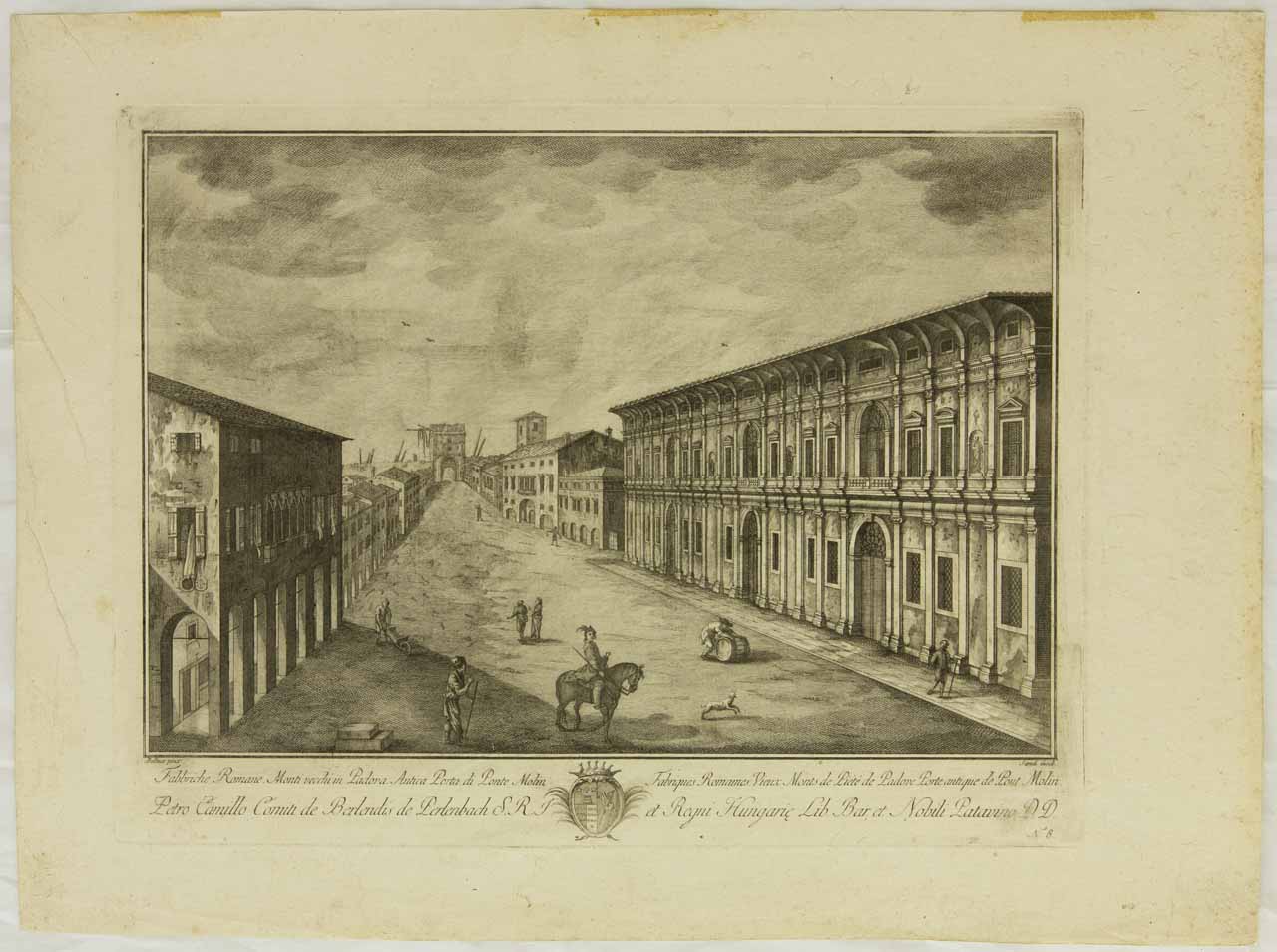 Fabbriche Romane Monti vecchi in Padova. Antica Porta di Ponte Molin, Via Dante verso Porta Molino a Padova (stampa, serie) di Sandi Antonio, Bellucco Francesco - ambito veneto (ultimo quarto XVIII)