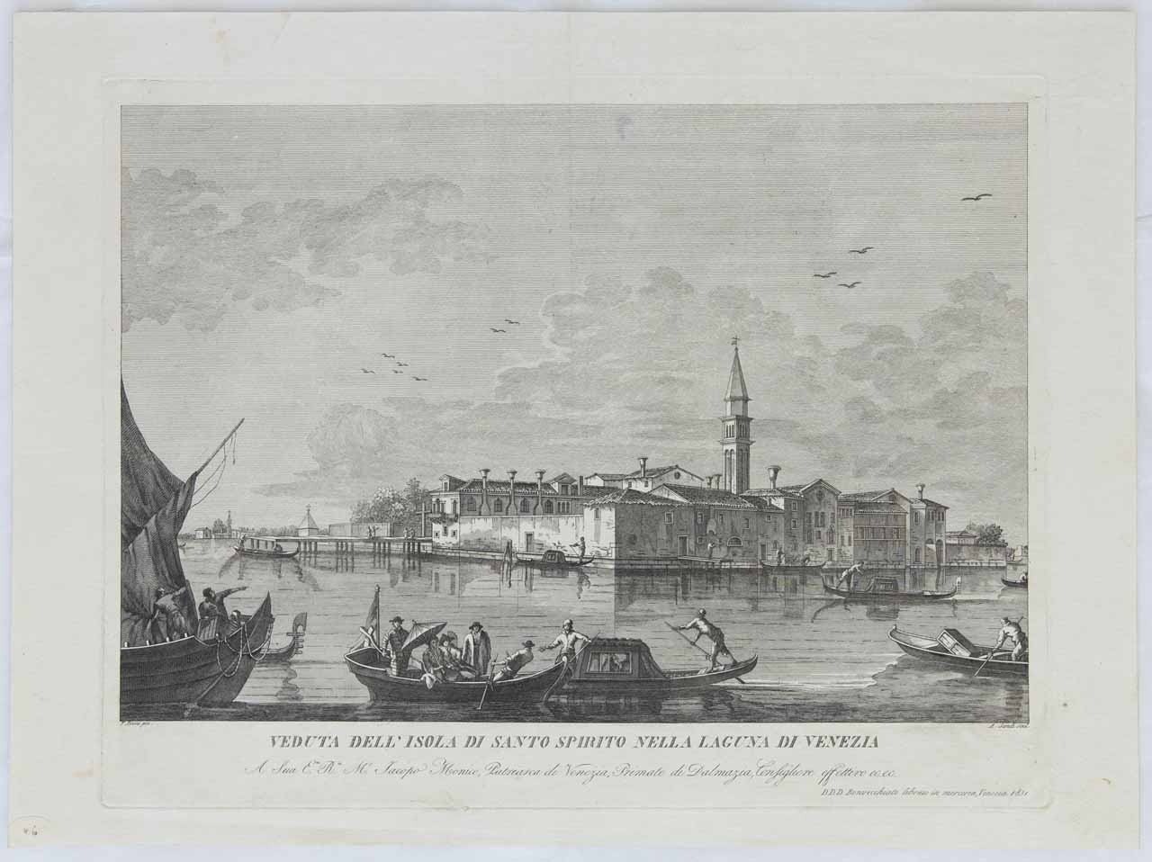 VEDUTA DELL'ISOLA DI SANTO SPIRITO NELLA LAGUNA DI VENEZIA, Veduta dell'isola di Santo Spirito a Venezia (stampa, serie) di Sandi Antonio, Tironi Francesco - ambito veneto (ultimo quarto XVIII)