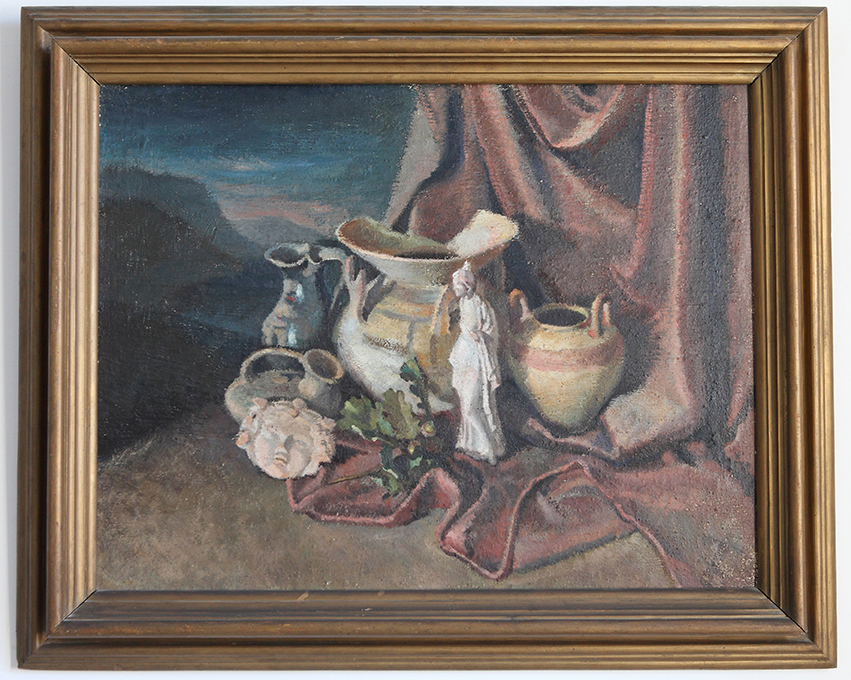 La figurina di Tanagra, Natura morta (dipinto) di Pinto Donatella (sec. XX d.C)