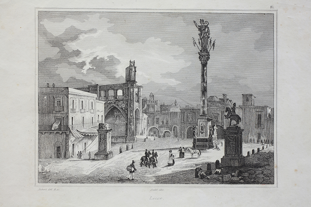 Lecce, Veduta di Piazza Sant'Oronzo a Lecce (stampa) di Aubert Pierre-Eugène (sec. XIX)